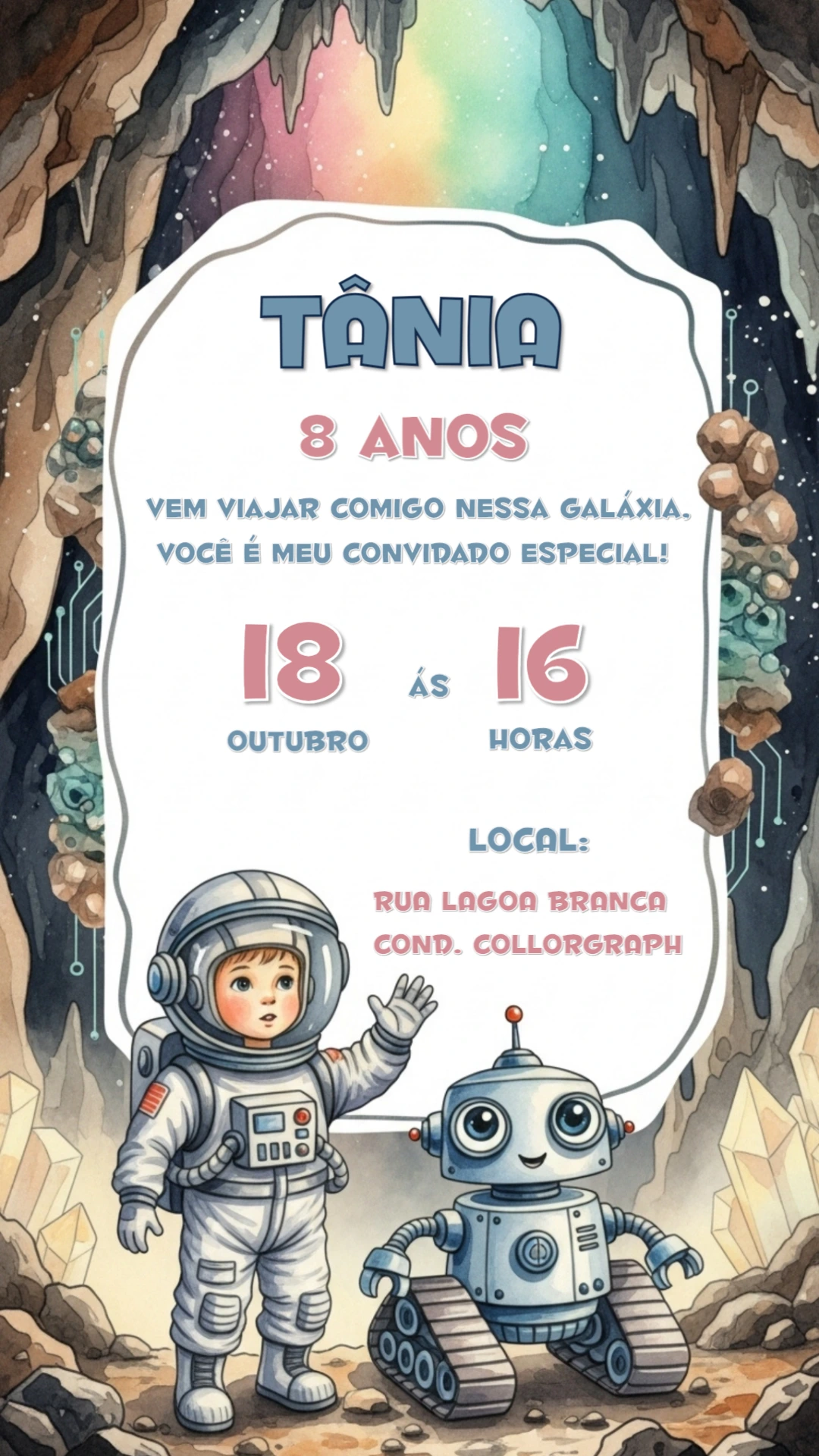 Convite de Aniversário Astronauta com Robô para Editar Online