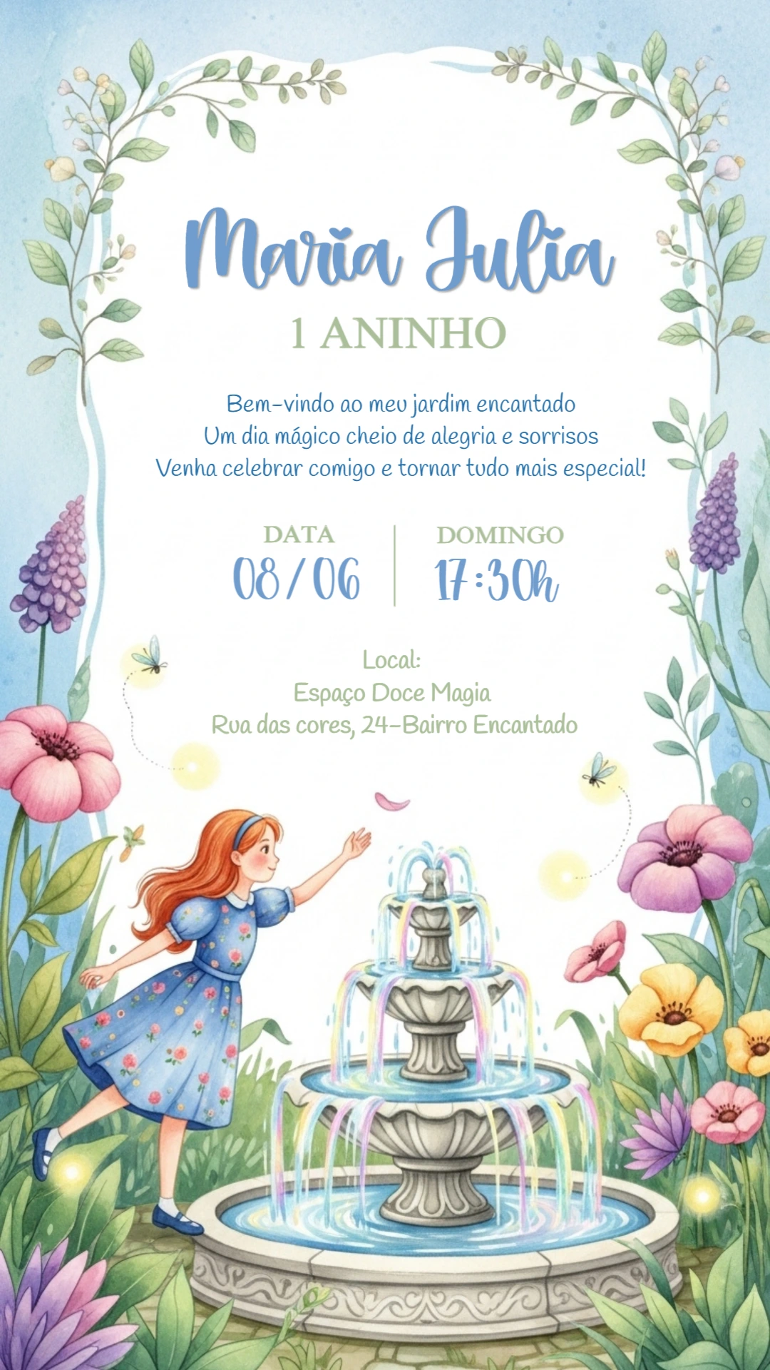 Convite Aniversário Jardim Encantado com Menina para Editar Online