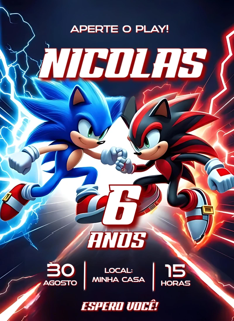 Convite Aniversário Sonic e Shadow para Editar Online