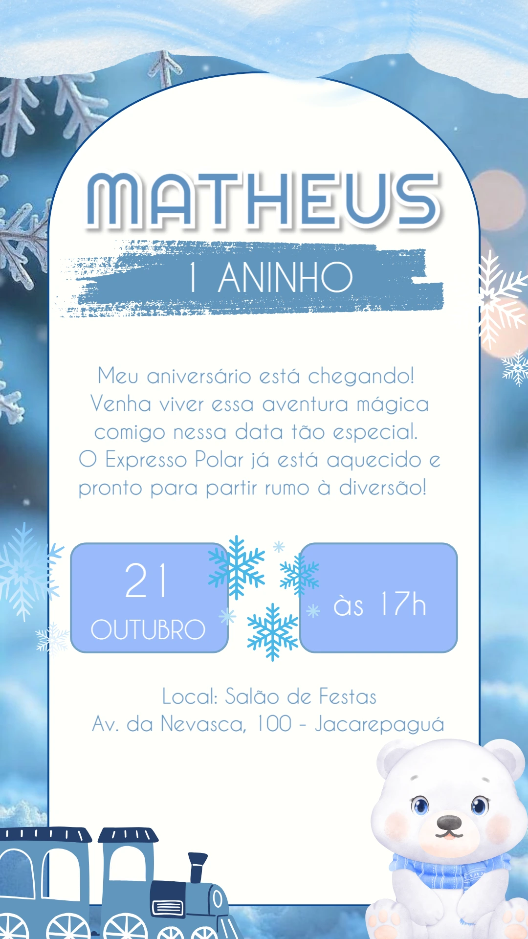 Convite Aniversário Urso Polar no Trem para Editar Online