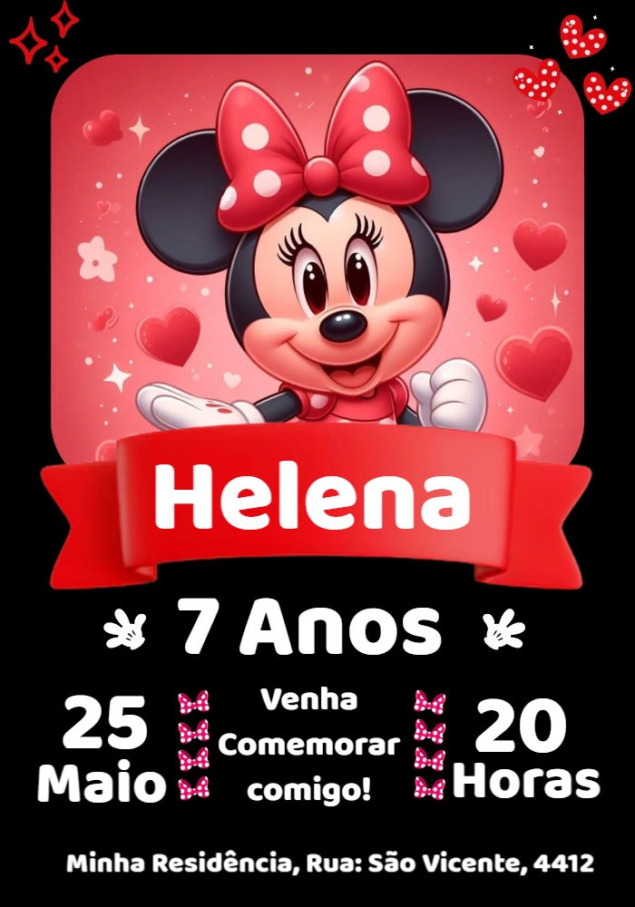 Convite Aniversário Minnie Vermelha para Editar Online