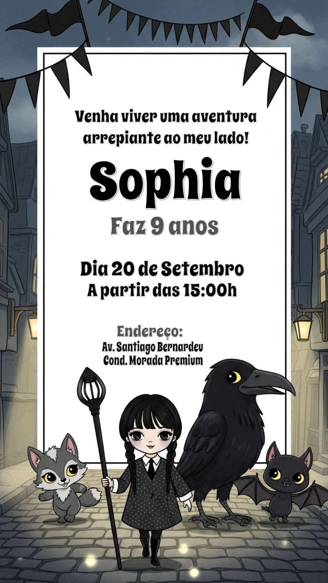 Convite Aniversário Wandinha Addams com Amigos para Editar