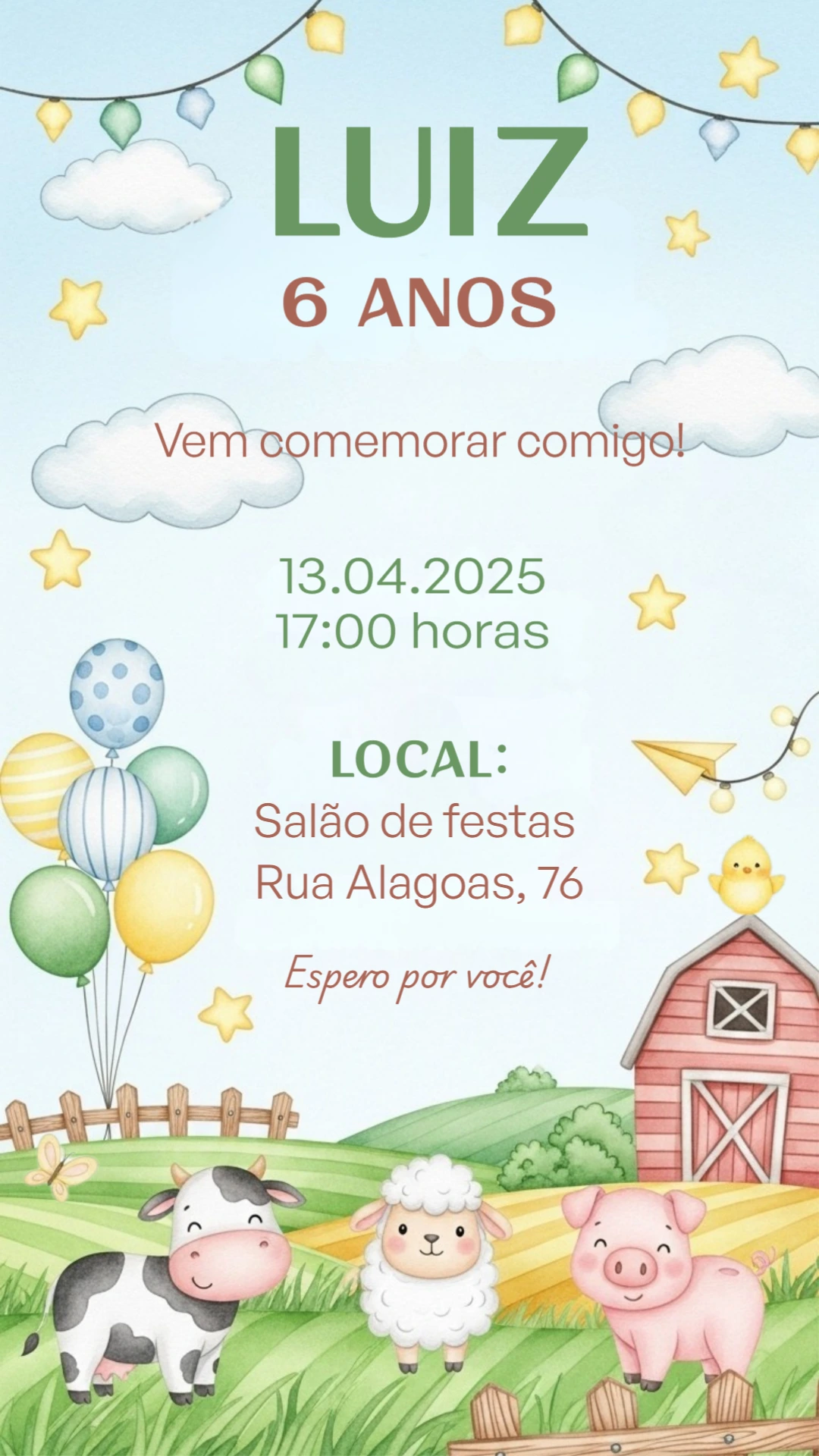 Convite de Aniversário Fazendinha com Animais para Editar