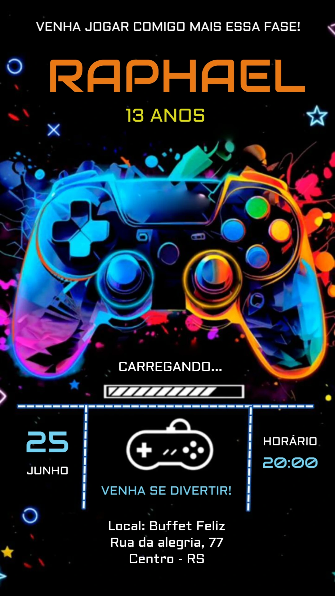 Convite de Aniversário Gamer Neon Editável para Celular