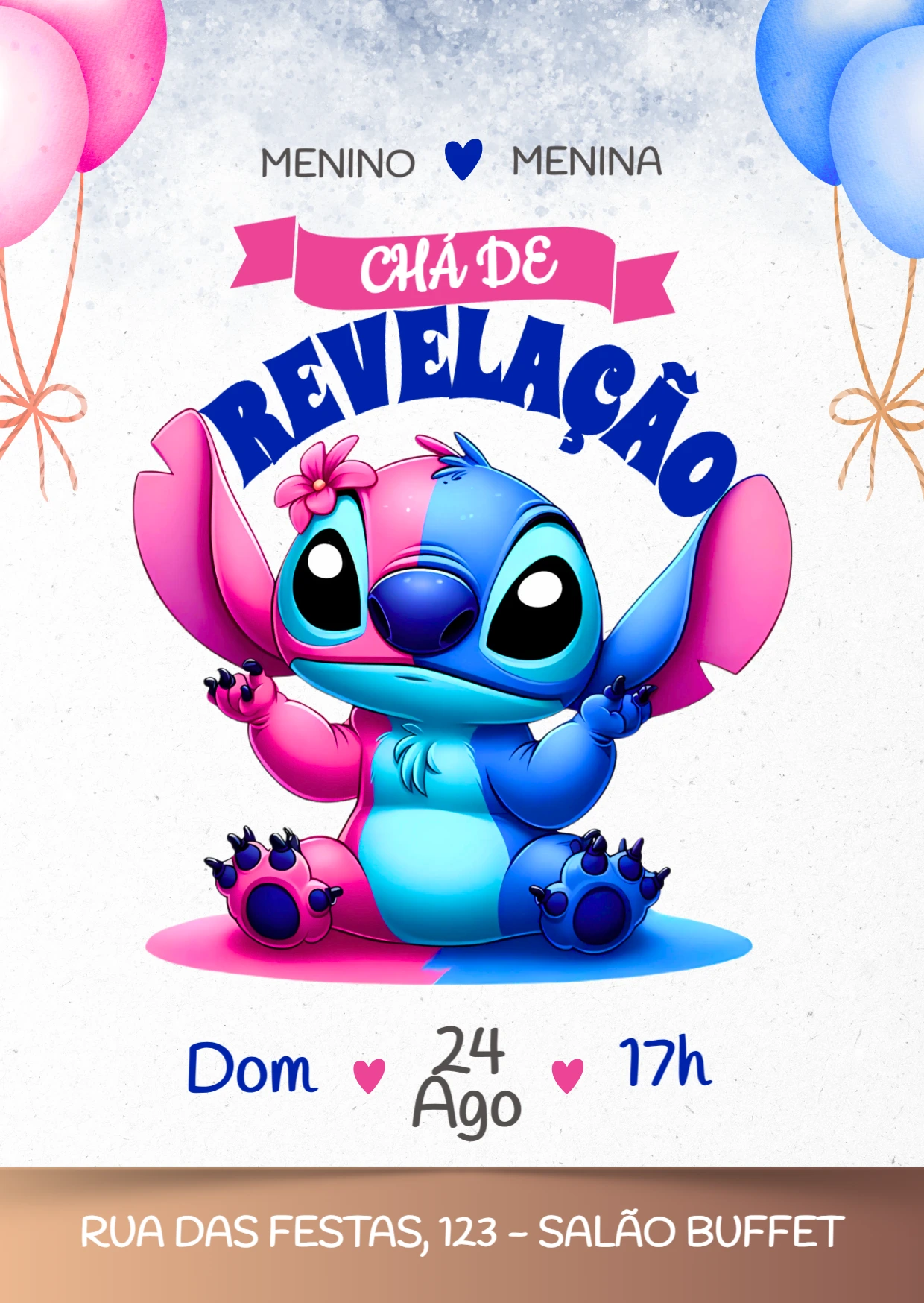 Convite Chá Revelação Stitch e Angel para Editar Online