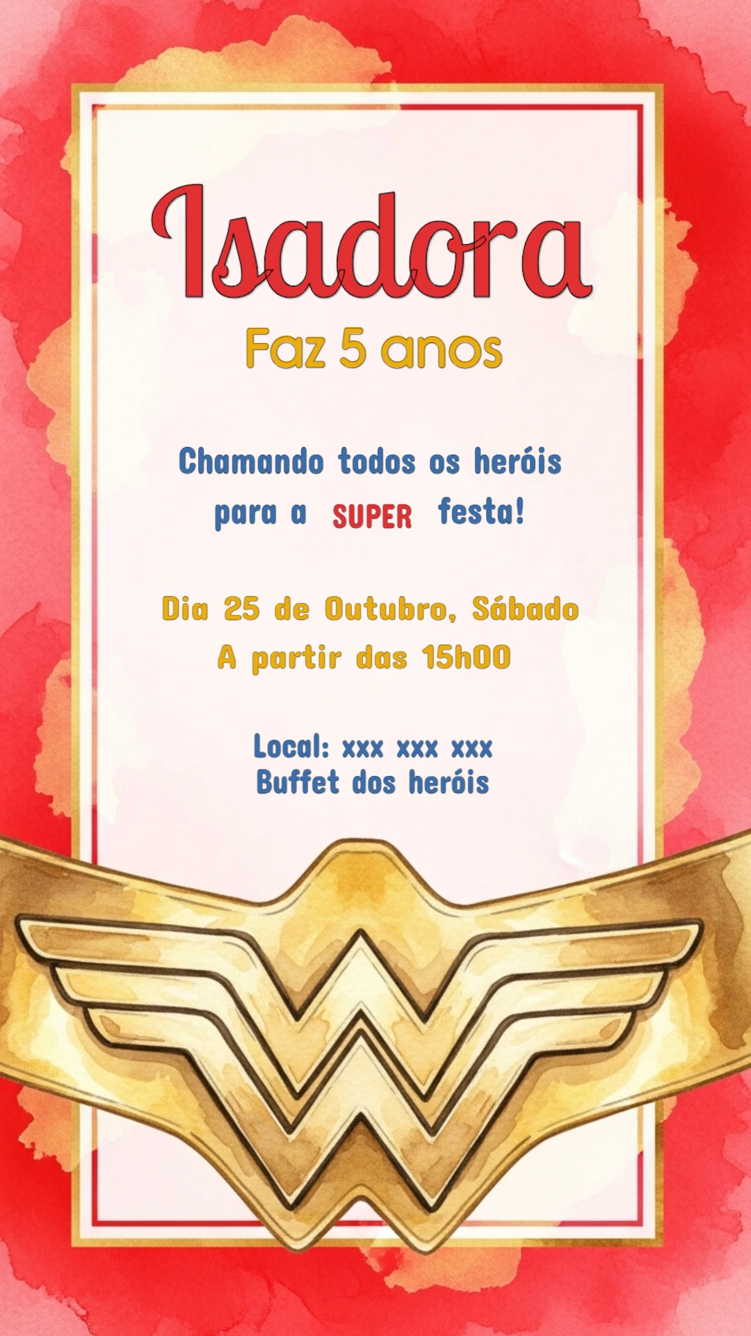 Convite Aniversário Mulher Maravilha para Editar Online