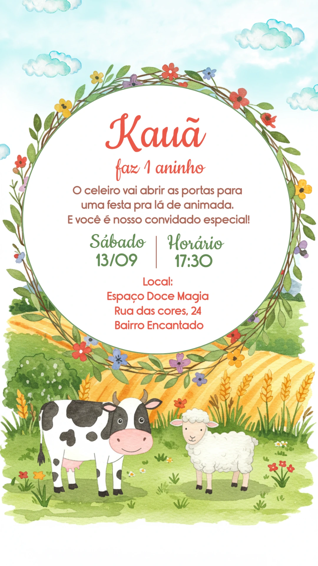 Convite Aniversário Fazendinha com Animais para Editar Online