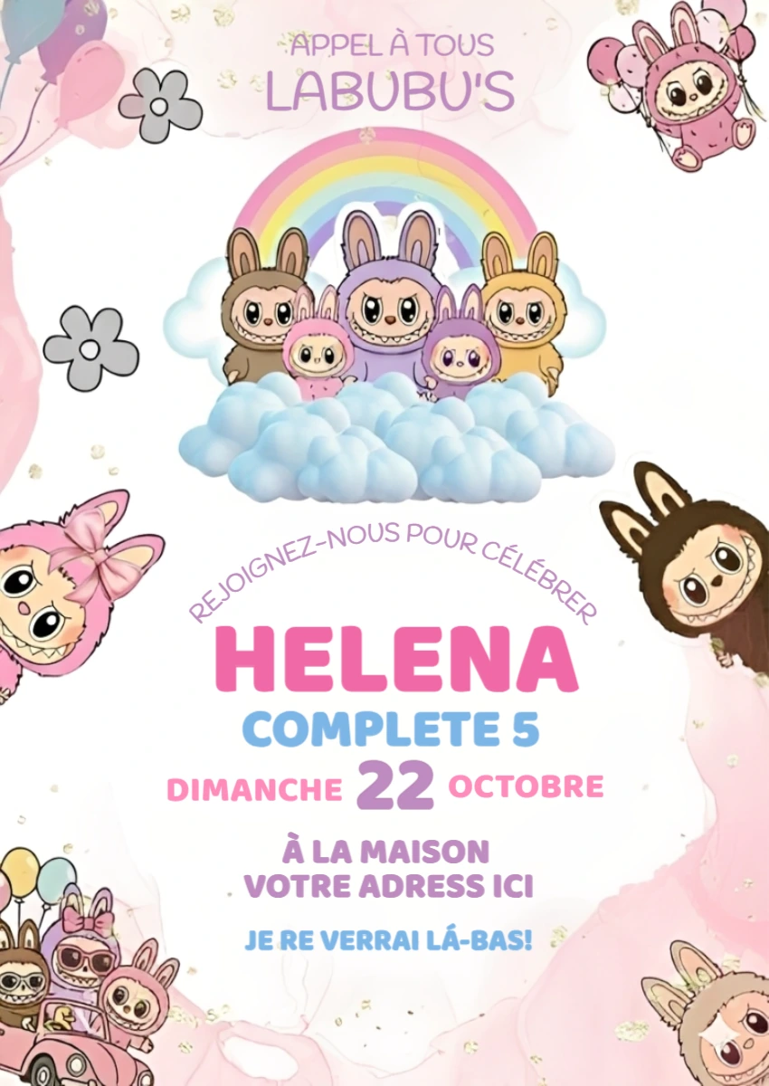 Invitation d'anniversaire Labubu's mignonne, modèle à modifier