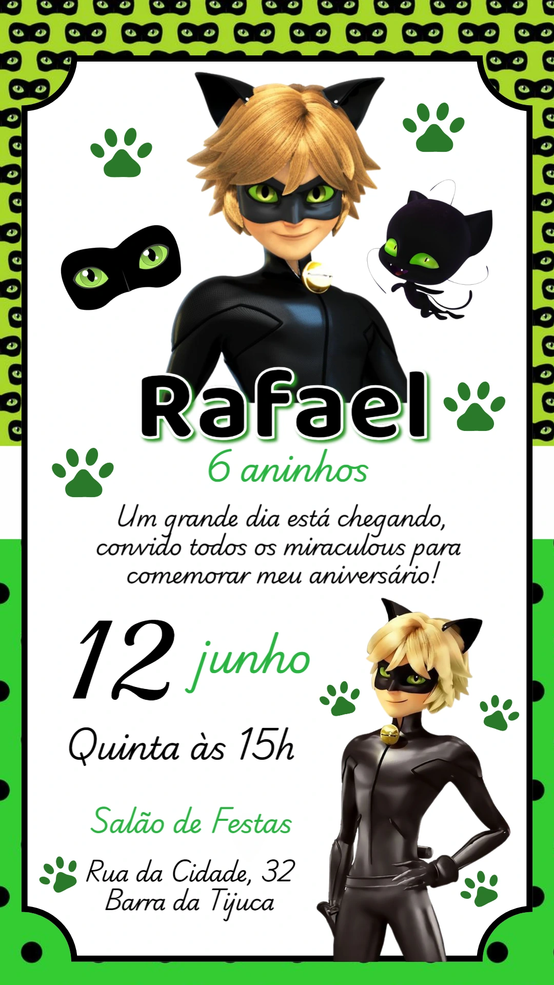 Convite de Aniversário Cat Noir para Editar Online