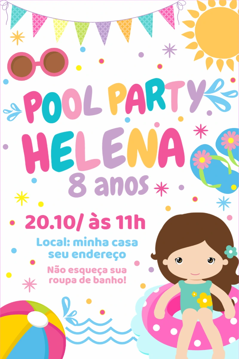 Convite Aniversário Pool Party Menina para Editar Online