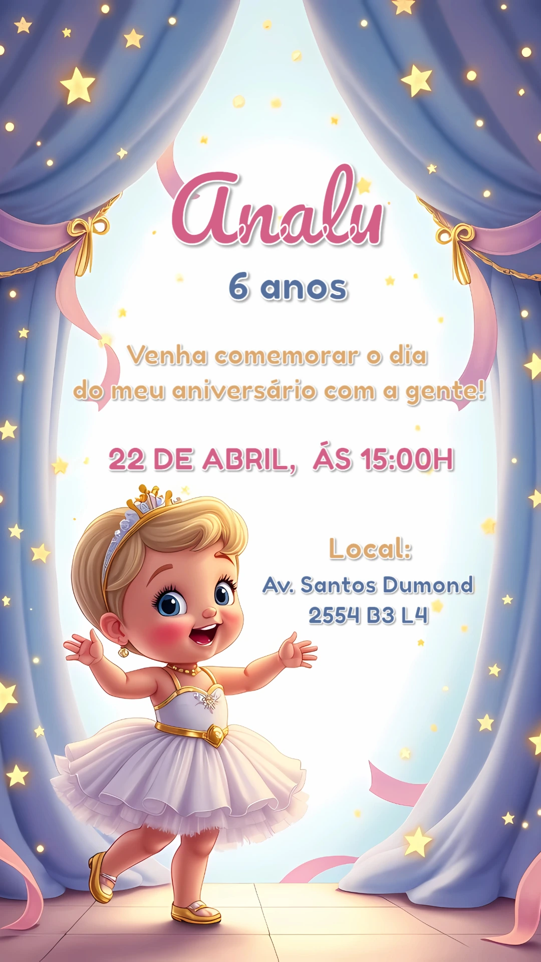 Convite Aniversário Bailarina Editável Online para Imprimir
