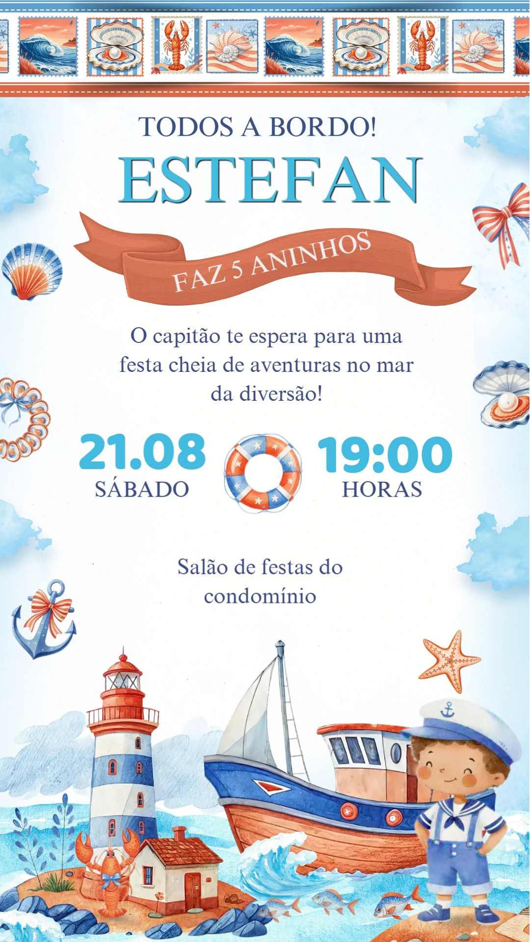 Convite de Aniversário Marinheiro para Editar Online