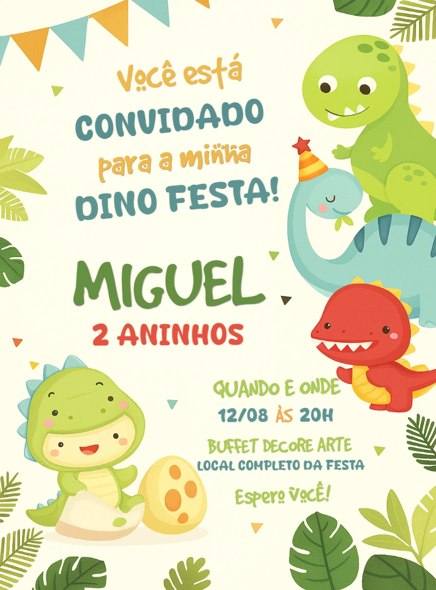 Convite Aniversário Dinossauros Baby para Editar Online