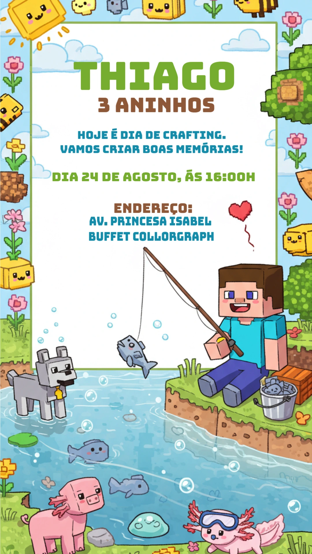 Convite de Aniversário Minecraft com Personagens para Editar