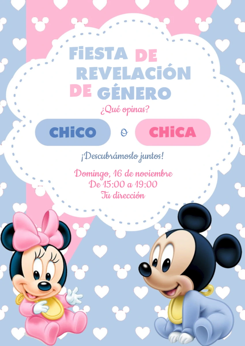 Invitación Revelación de Género Mickey y Minnie Bebé para Editar