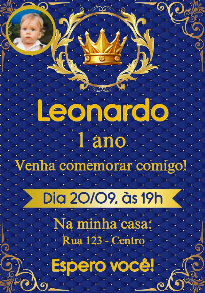 Convite Aniversário Príncipe Realeza com Foto para Editar