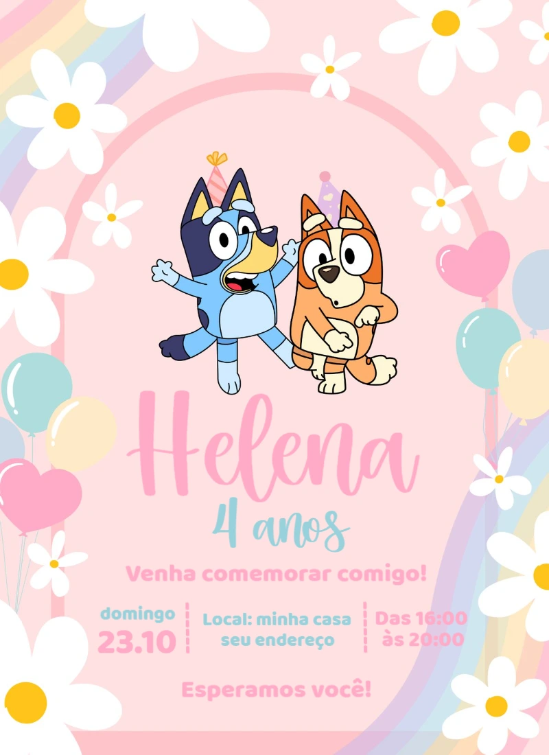 Convite Aniversário Bluey e Bingo Menina para Editar Online