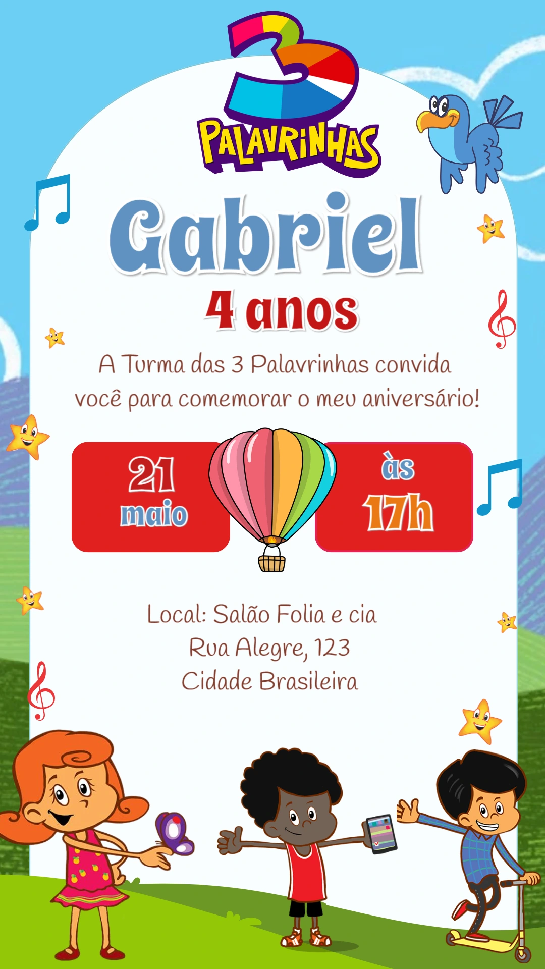 Convite de Aniversário 3 Palavrinhas para Editar Online