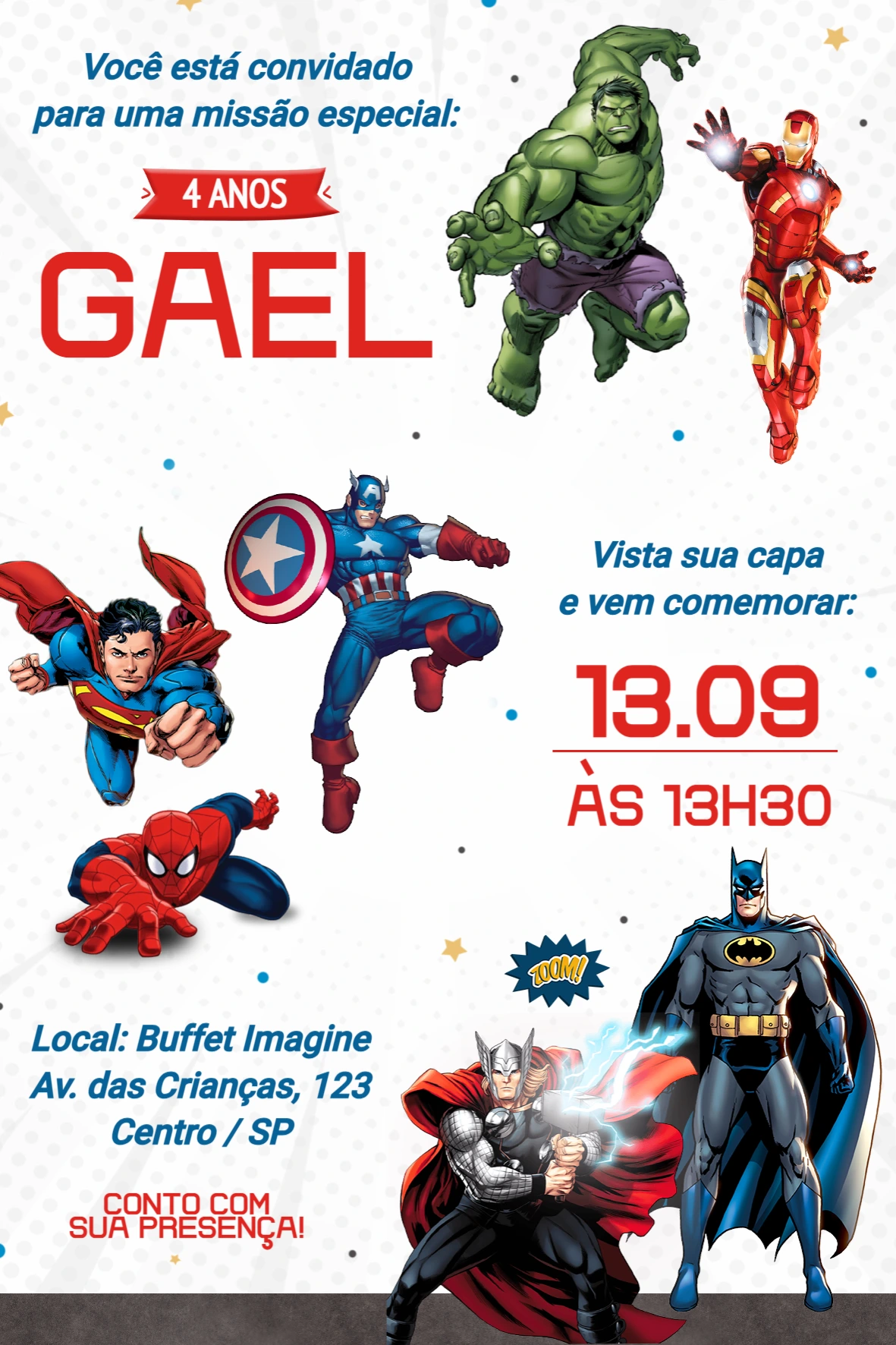 Convite de Aniversário Super Heróis para Editar Online