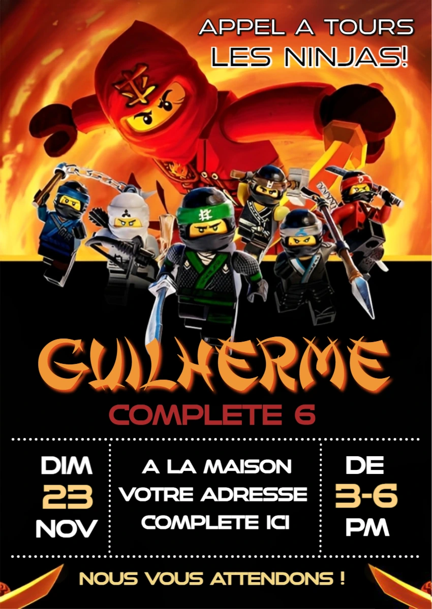 Invitation d'anniversaire Ninjago à modifier en ligne