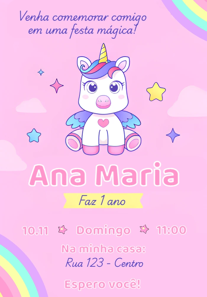 Convite de Aniversário Unicórnio Fofo para Editar Online