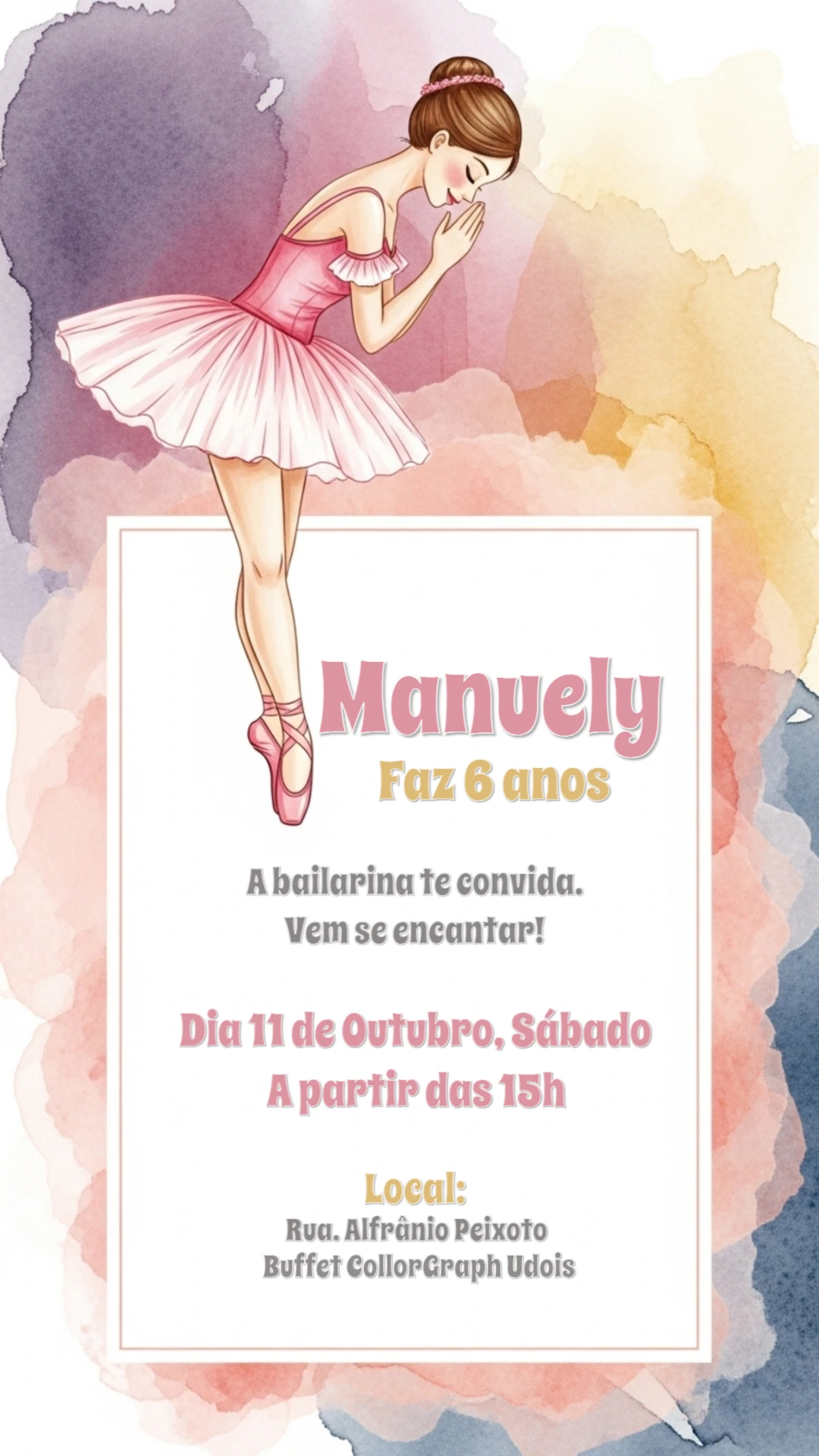 Convite Aniversário Bailarina Aquarela para Editar Online
