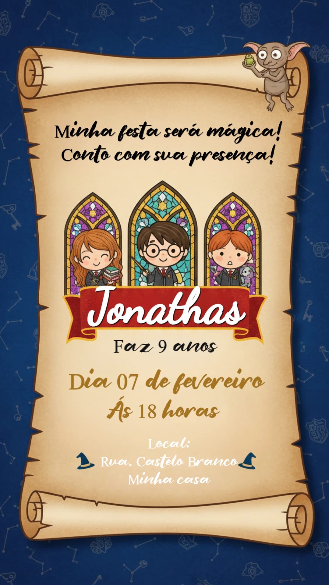 Convite Digital Aniversário Infantil Tema Harry Potter Editável
