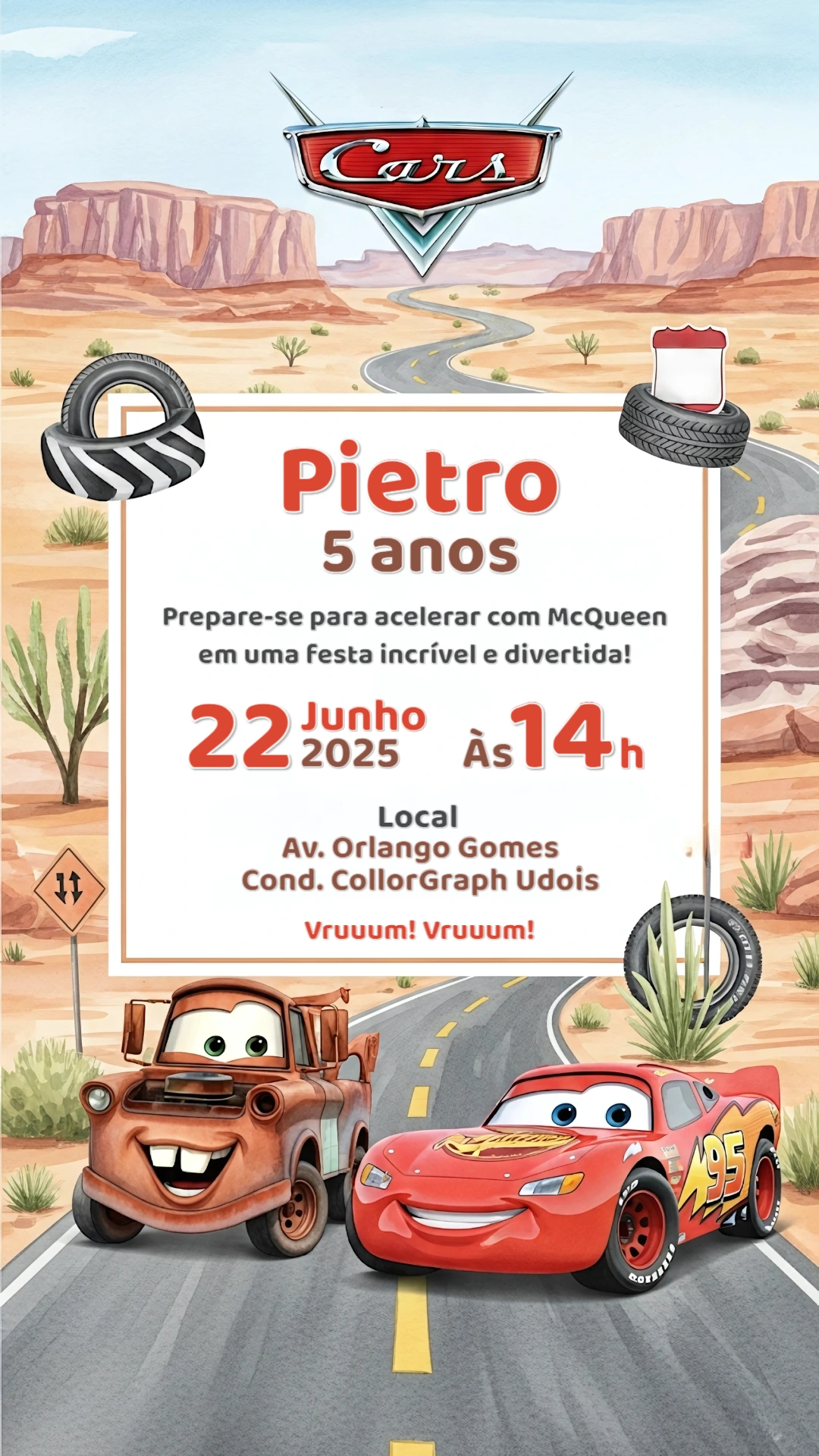 Convite de Aniversário Carros com McQueen para Editar Online