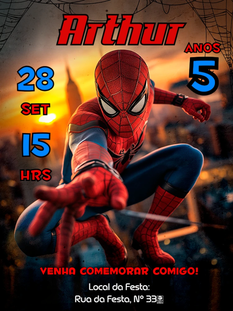 Convite de Aniversário Homem Aranha para Editar Online