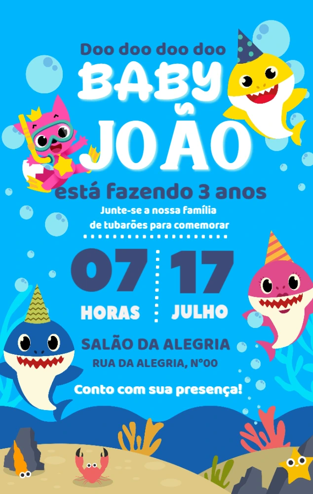 Convite de Aniversário Baby Shark para Editar Online