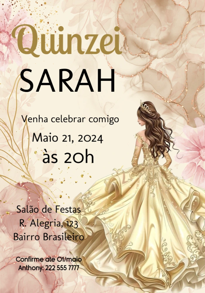 Convite de 15 Anos Princesa Dourado e Rosa Editável