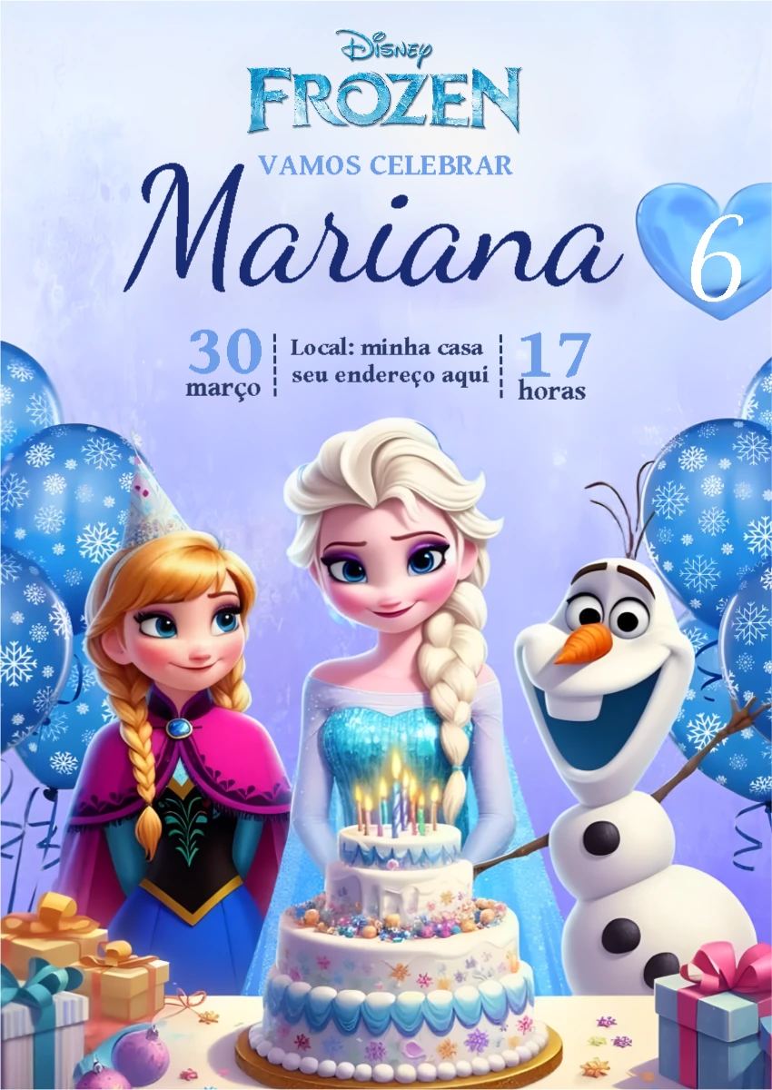 Convite de Aniversário Frozen com Personagens para Editar Online