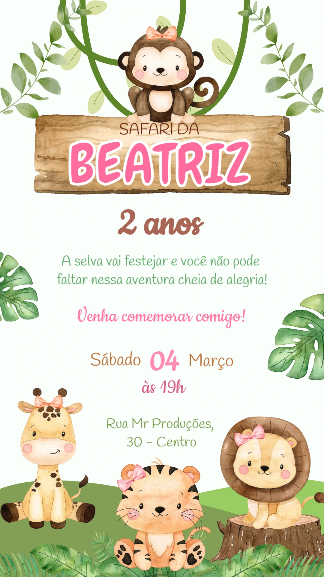 Convite de Aniversário Safari com Animais para Editar Online