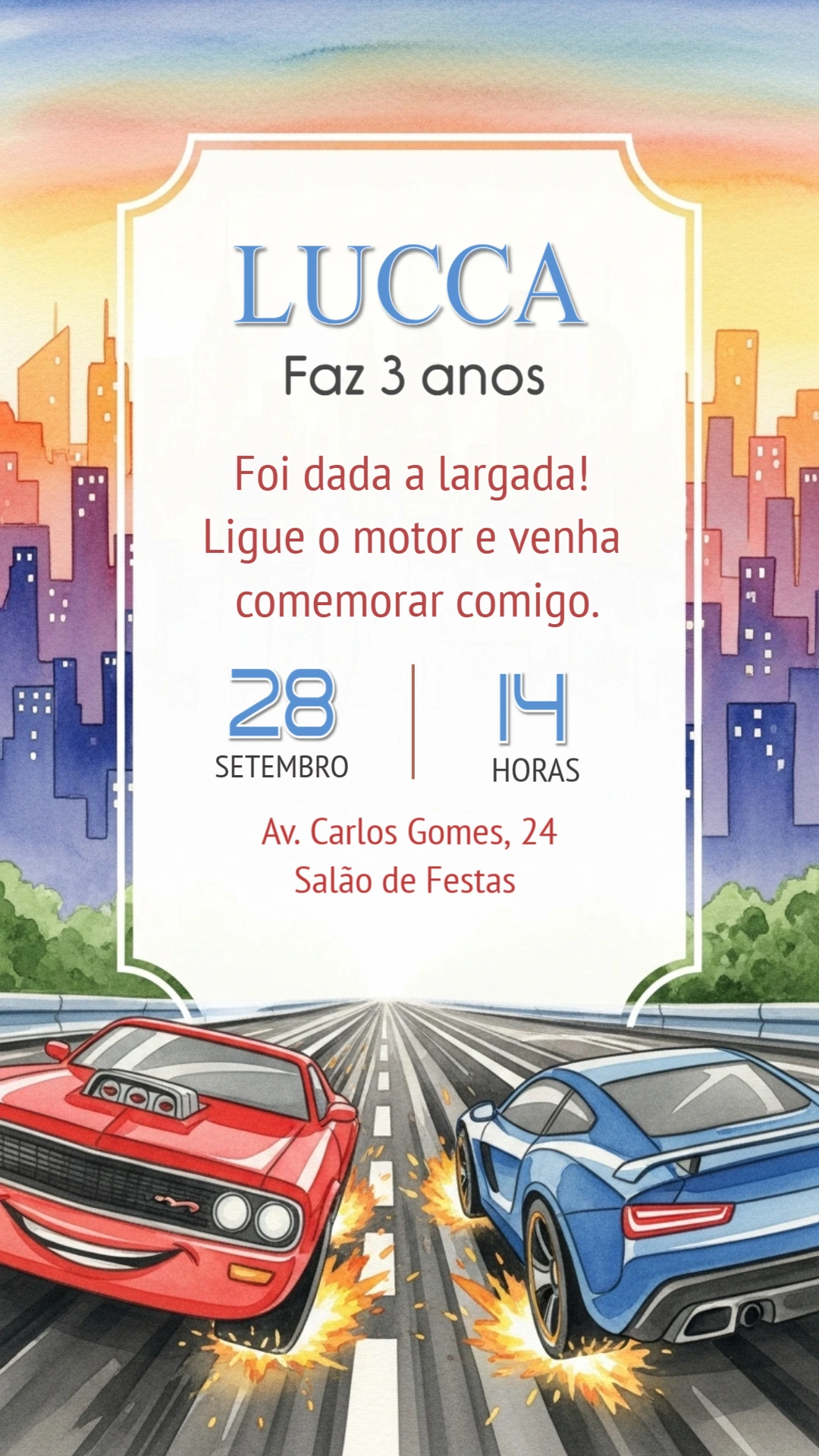 Convite de Aniversário Infantil Carros de Corrida para Editar