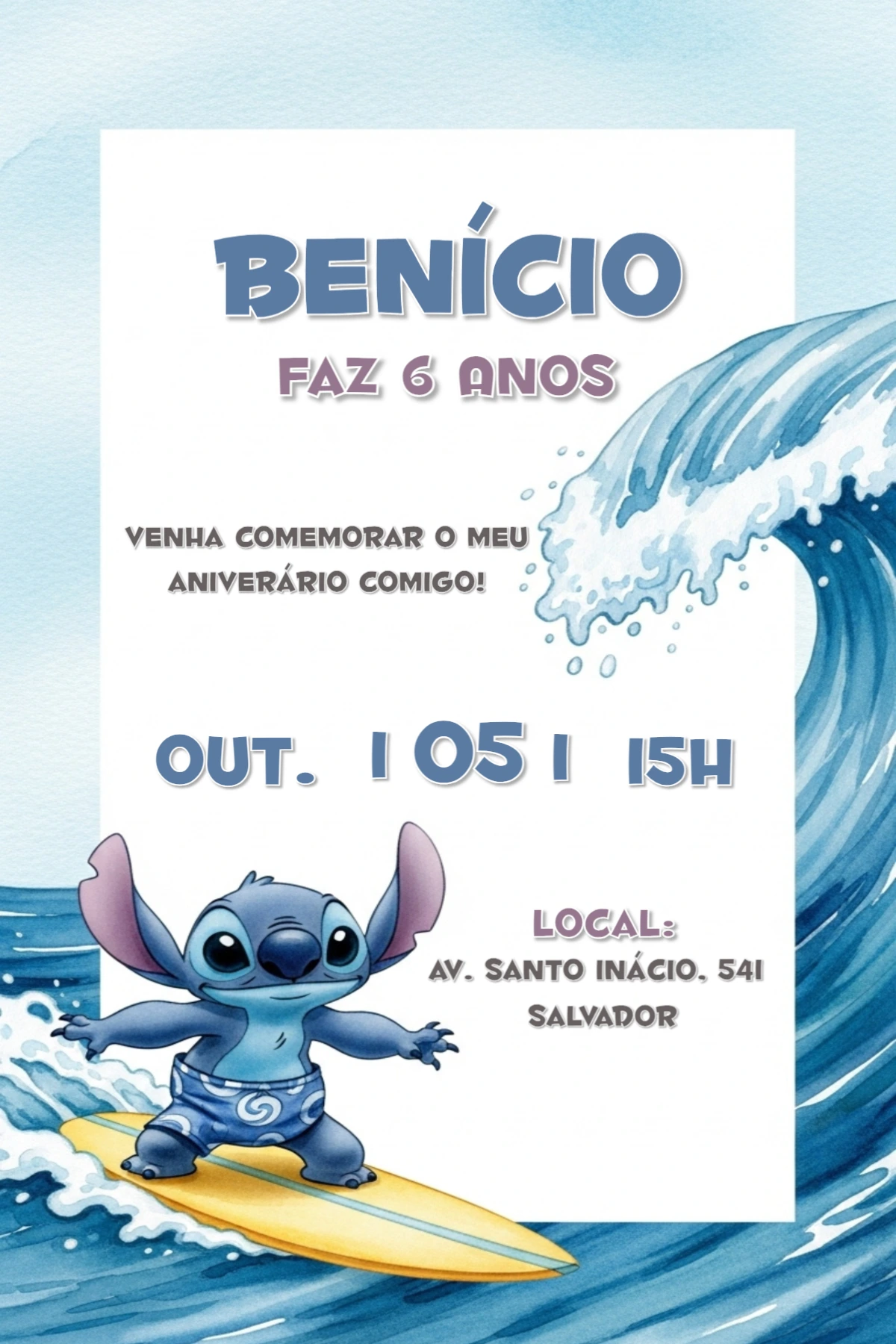 Convite de Aniversário Stitch Surf para Editar Online
