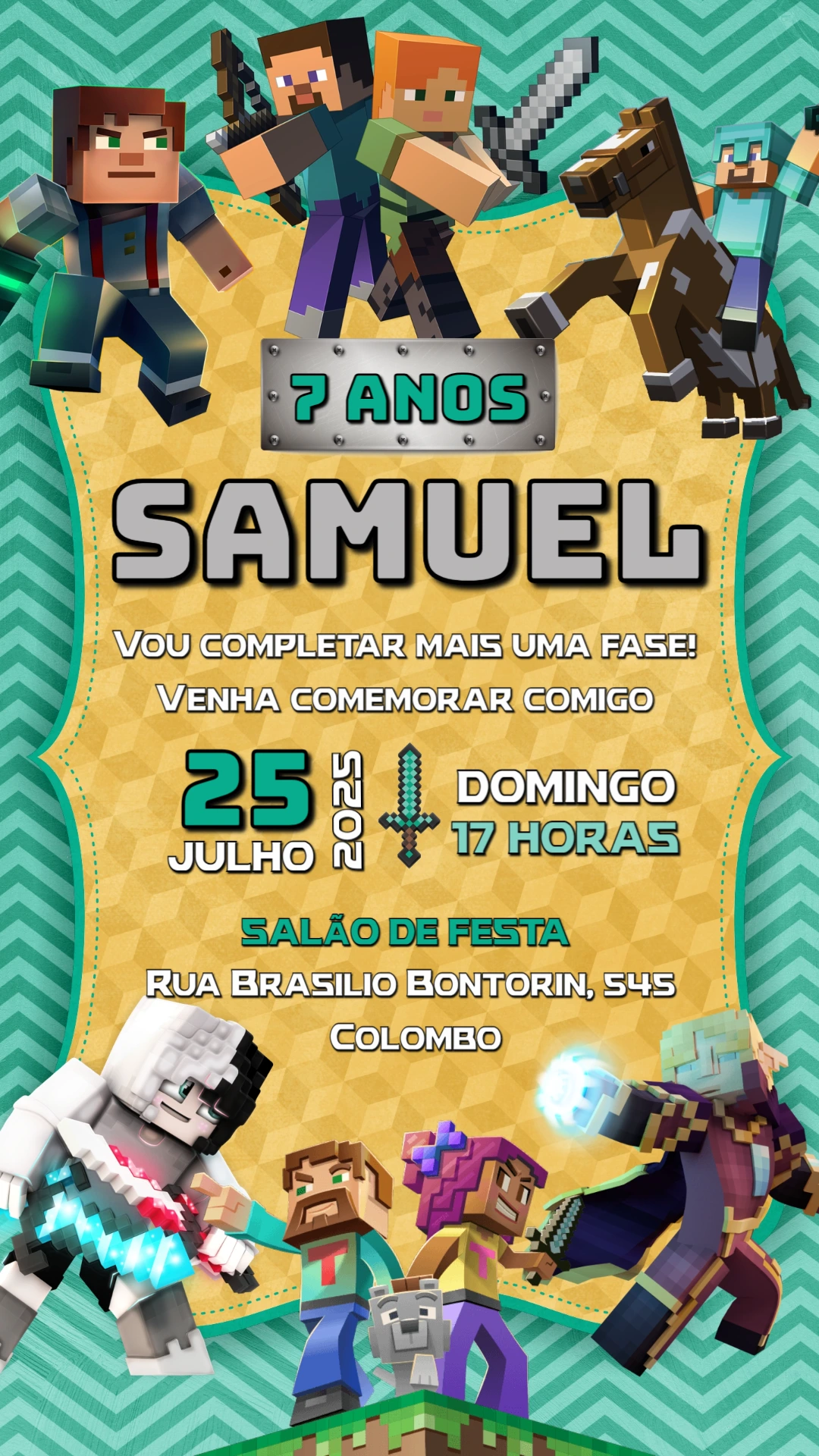 Convite Aniversário Minecraft com Personagens para Editar