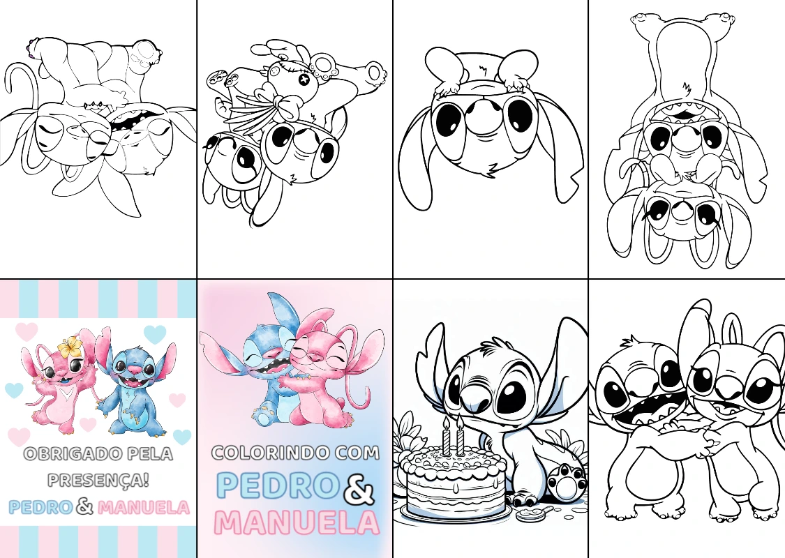 Mini Livro de Colorir Stitch e Angel Editável para Imprimir