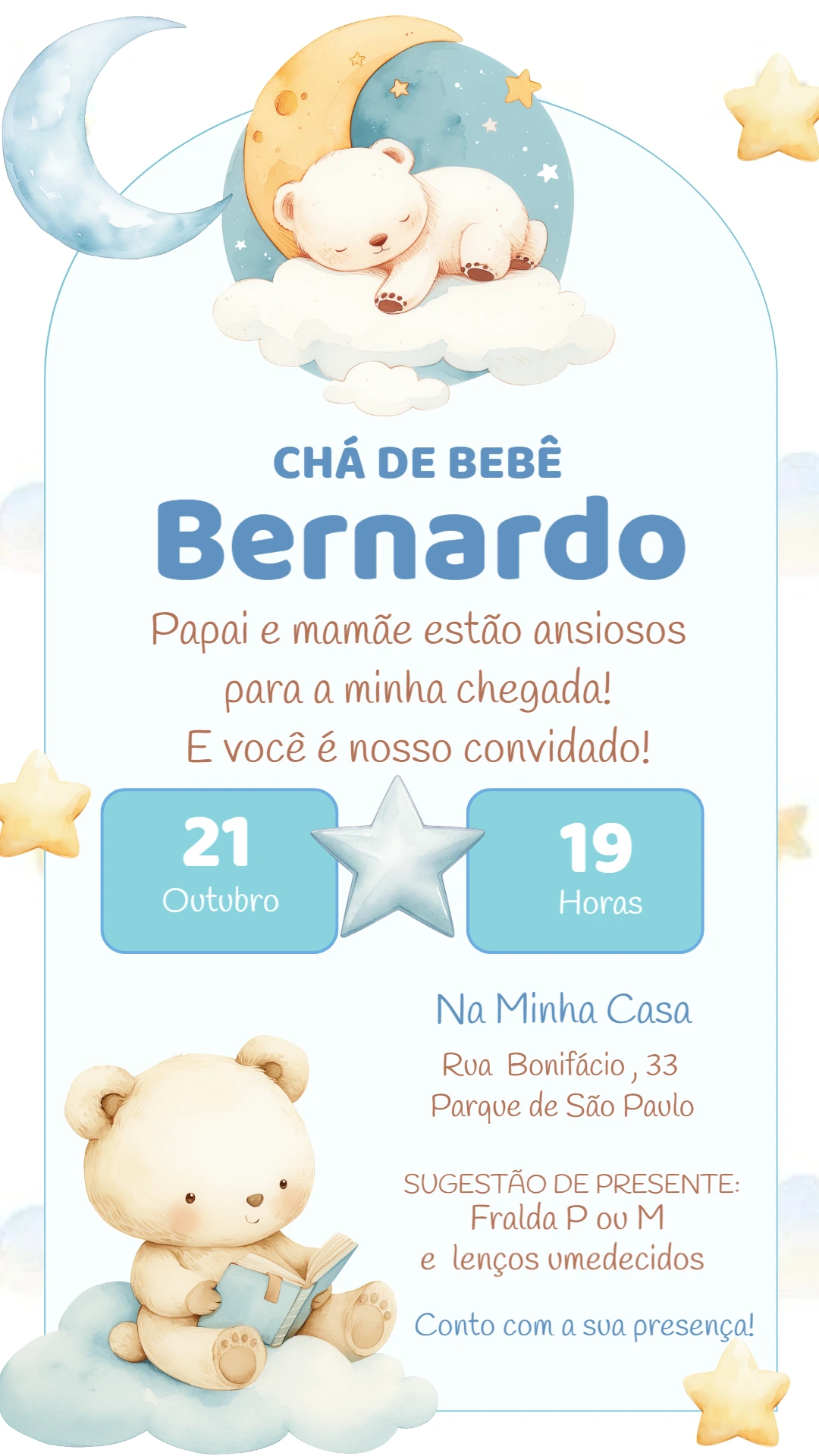 Convite Chá de Bebê Ursinho na Lua Editável Online
