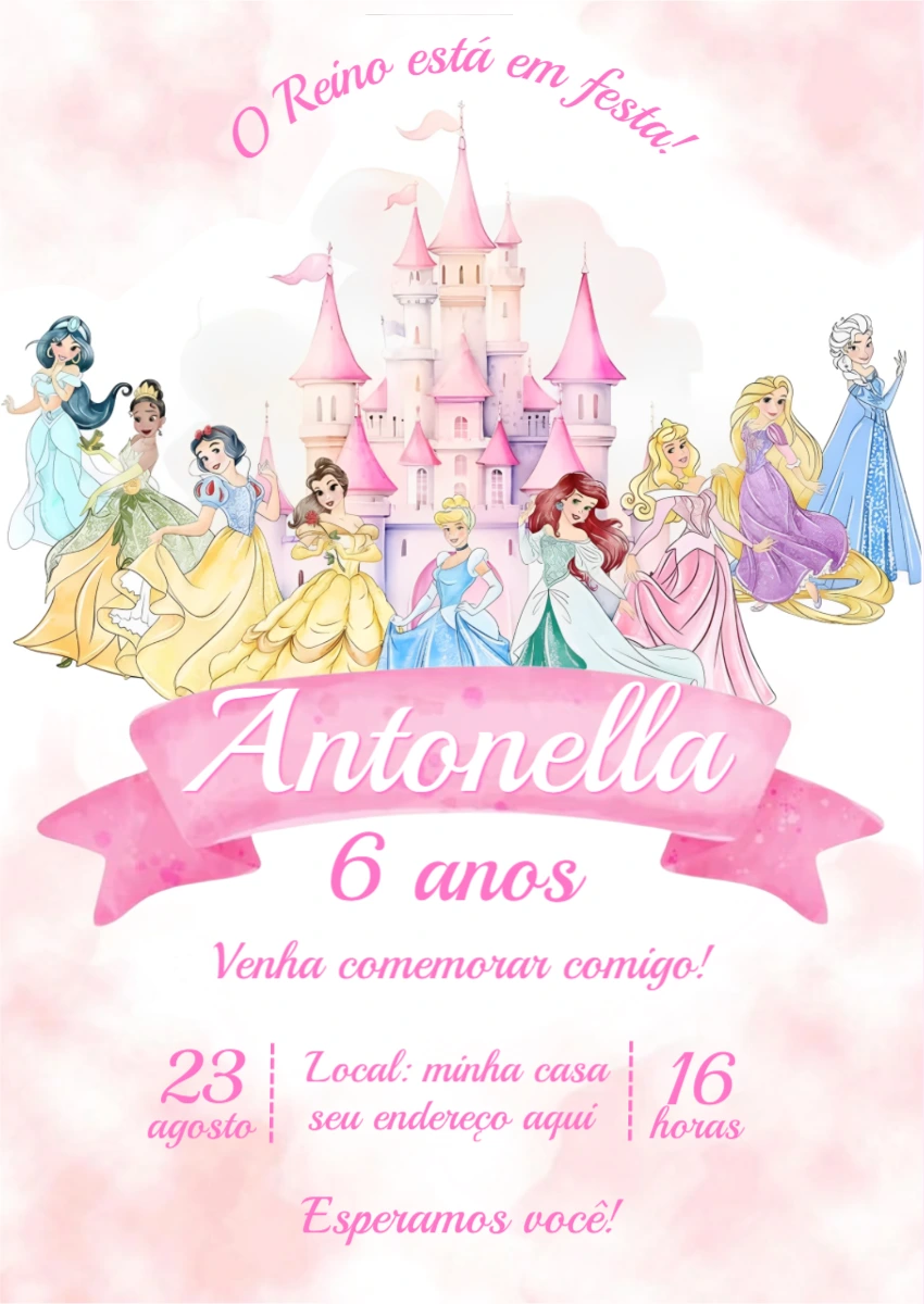 Convite de Aniversário Princesas Disney Editável Online