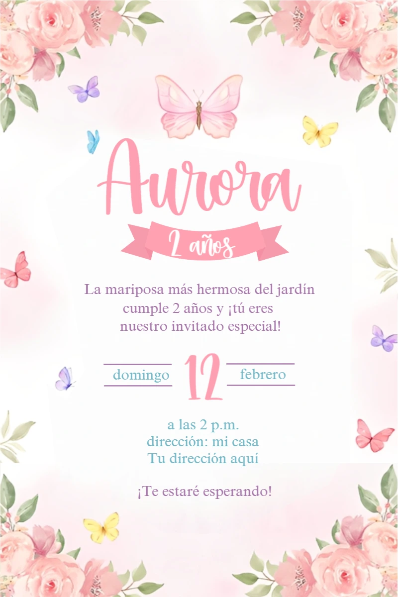 Invitación de Cumpleaños de Mariposas Editable en Acuarela Rosa