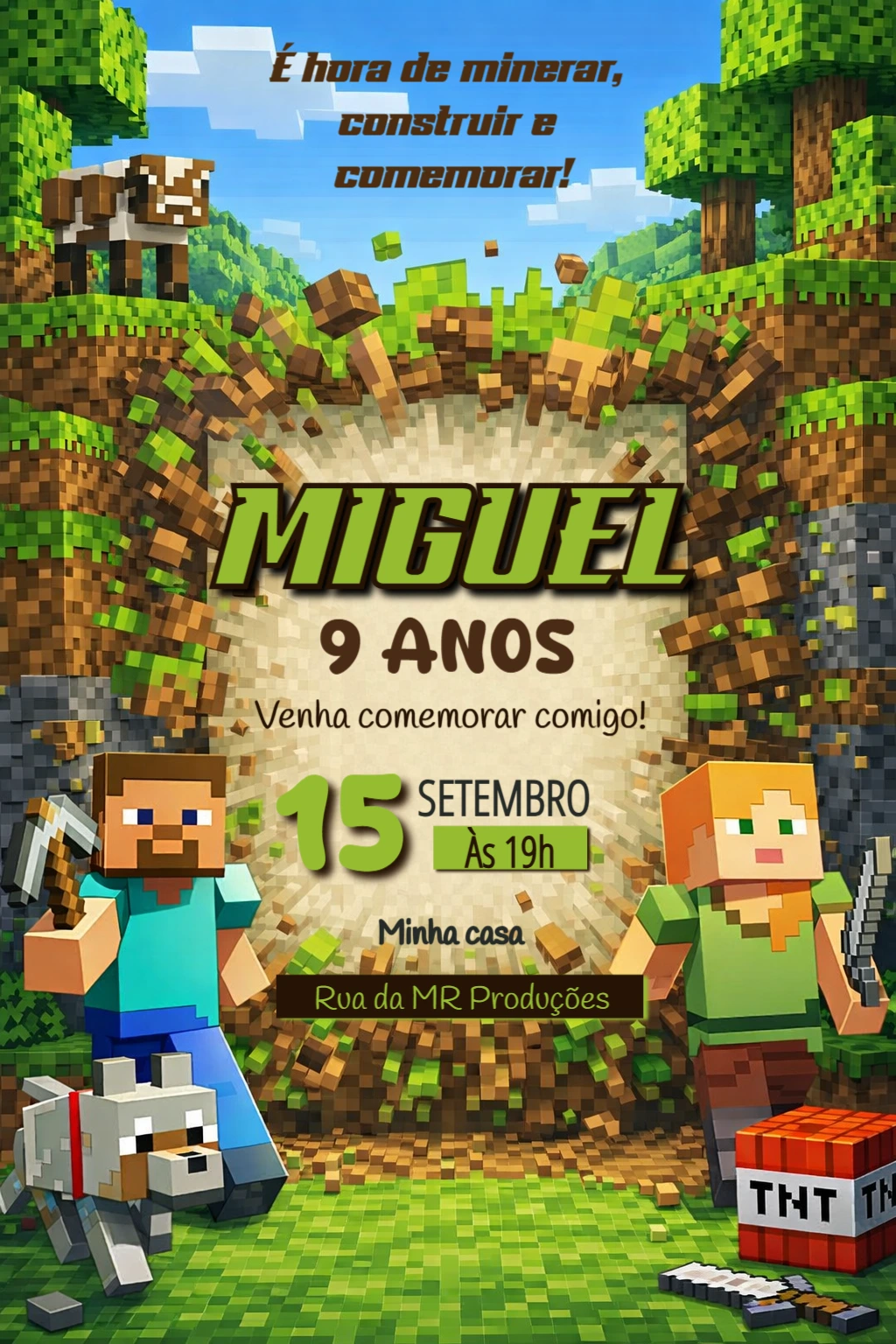 Convite Digital Minecraft Aniversário Infantil Editável
