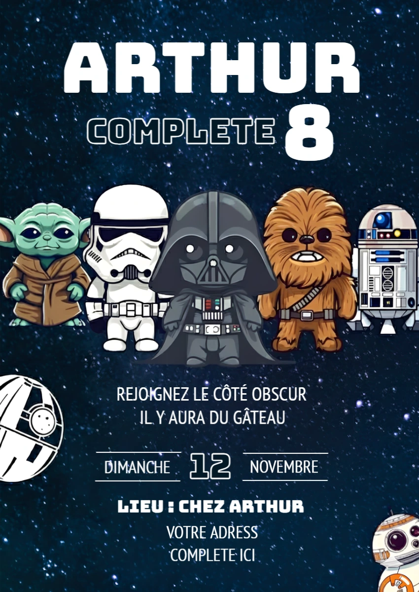 Invitation d'anniversaire Star Wars mignonne, modèle à modifier