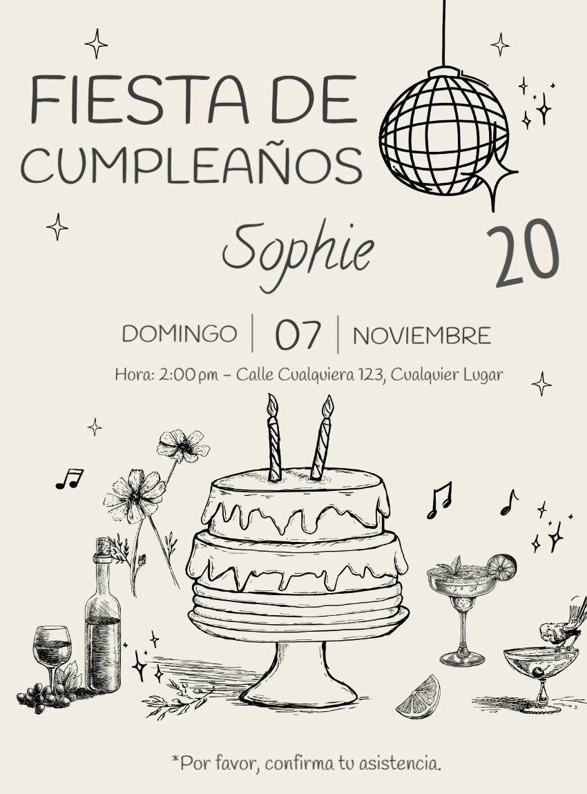 Invitación de Cumpleaños Estilo Boceto para Editar