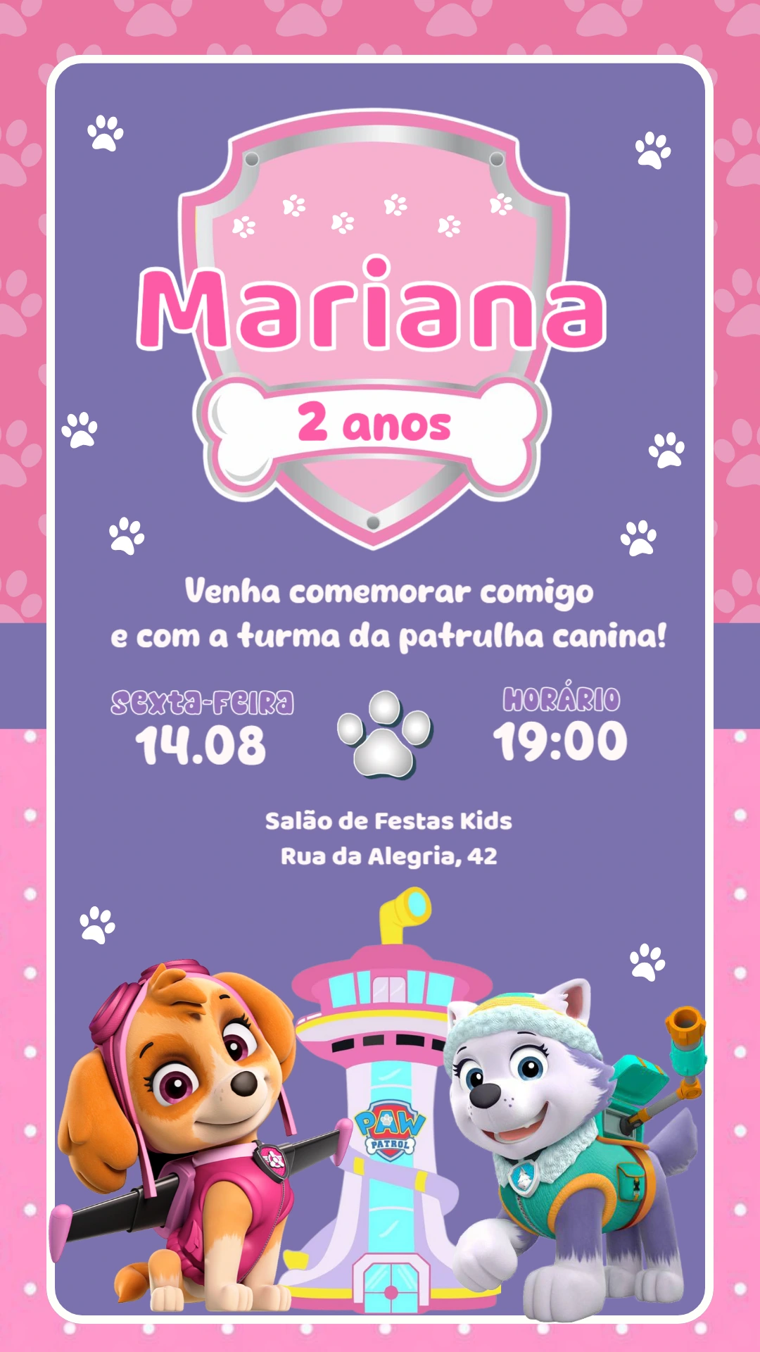 Convite Animado Aniversário Patrulha Canina Menina para Editar