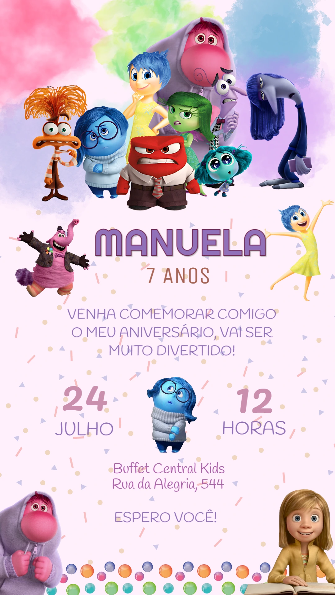 Convite Aniversário Divertida Mente com Personagens para Editar