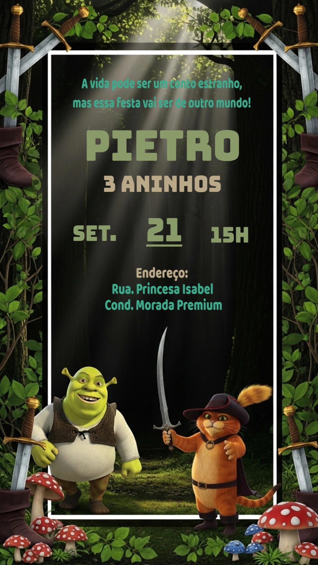 Convite de Aniversário Shrek e Gato de Botas para Editar Online