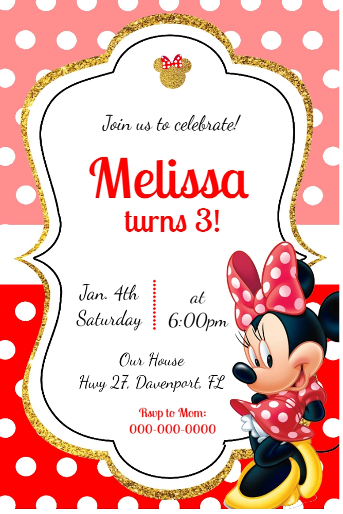 Editable Minnie Mouse Pink & Gold Birthday Invitation Template - Online ...