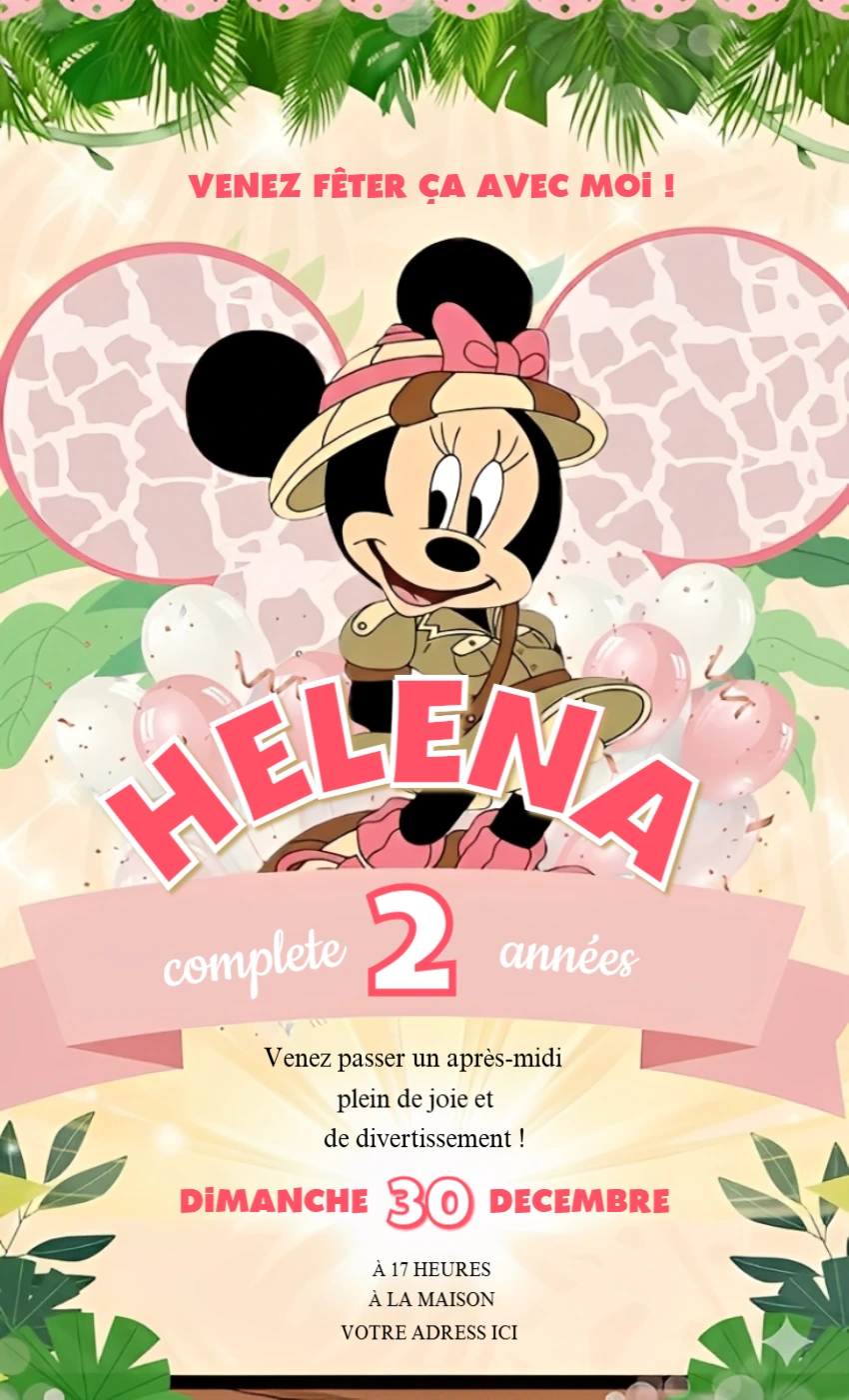 Invitation Anniversaire Minnie Aventure à Modifier en Ligne
