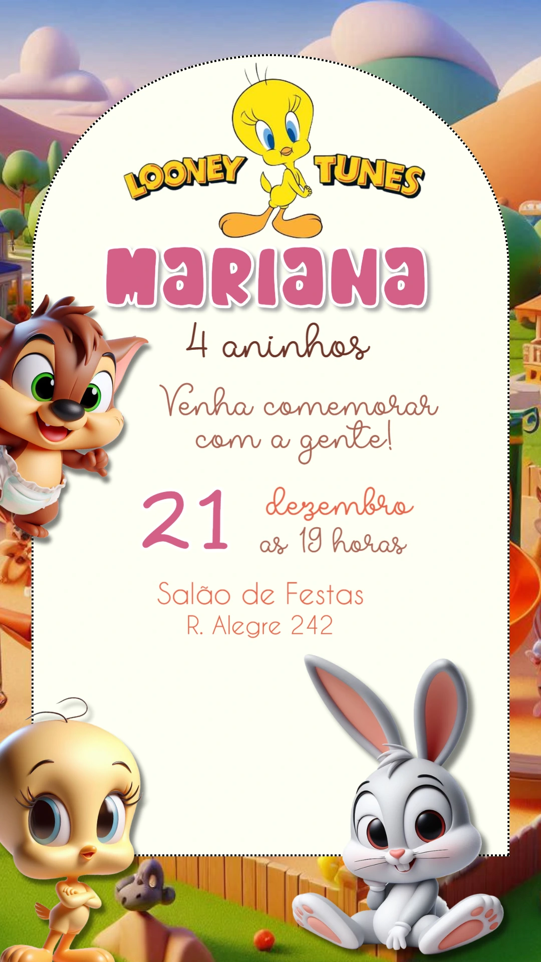 Convite Animado Aniversário Baby Looney Tunes para Editar Online