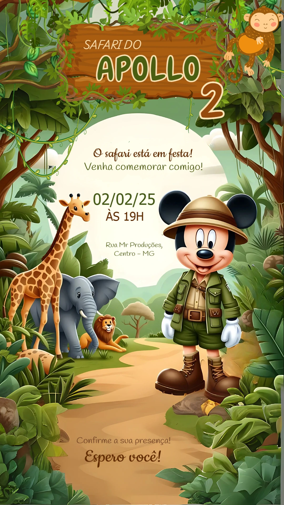 Convite Aniversário Mickey Safari para Editar Online Facilmente